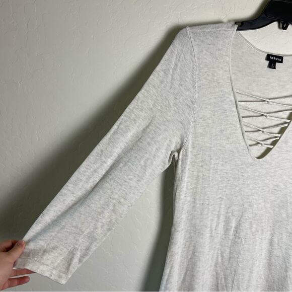 Torrid Oatmeal Heather Mini Sweater Cross Front Skater Dress Lace-Up Lattice - Picture 7 of 15